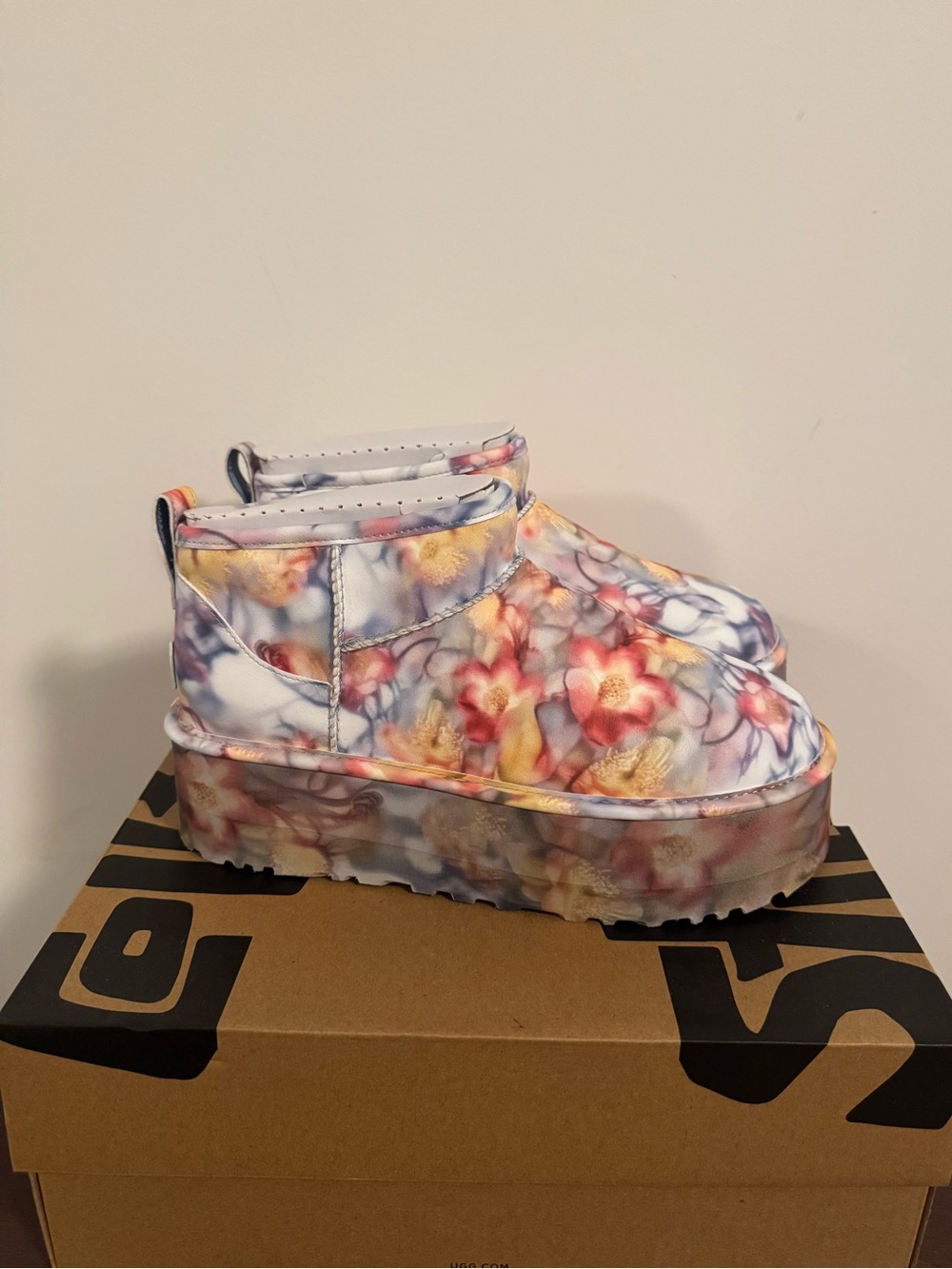 UGG Floral Platform Ankle Booties in White, Pink, Yellow and Blue
